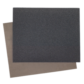 Two square sheets of sandpaper are stacked, with a black sheet on top of a brown one, against a white background. The black sheet is Sealey's Wet & Dry Paper, 230 x 280mm and 2000 grit (product code WD23282000), ideal for sanding after paint application.