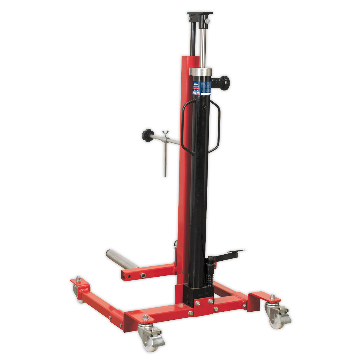 The Sealey Wheel Removal/Lifter Trolley 80kg Quick Lift - WD80 features a red hydraulic design, a vertical black lifting column, four caster wheels, and adjustable width support arms designed for precision. This long-reach hydraulic tool ensures efficient and easy maneuverability.