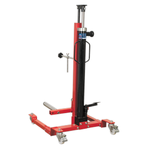 The Sealey Wheel Removal/Lifter Trolley 80kg Quick Lift - WD80 features a red hydraulic design, a vertical black lifting column, four caster wheels, and adjustable width support arms designed for precision. This long-reach hydraulic tool ensures efficient and easy maneuverability.