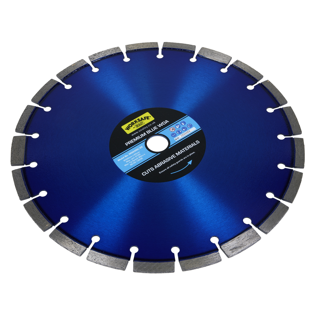 A blue circular saw blade with serrated edges, labeled "Sealey" and "Premium Blue WDA Diamond Blade Ø300 x 22mm - WDA300/22," ideal for slicing through sandstone and concrete blocks.