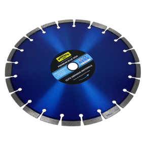 A blue circular saw blade with serrated edges, labeled "Sealey" and "Premium Blue WDA Diamond Blade Ø300 x 22mm - WDA300/22," ideal for slicing through sandstone and concrete blocks.