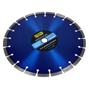 A blue circular saw blade with serrated edges, labeled "Sealey" and "Premium Blue WDA Diamond Blade Ø300 x 22mm - WDA300/22," ideal for slicing through sandstone and concrete blocks.