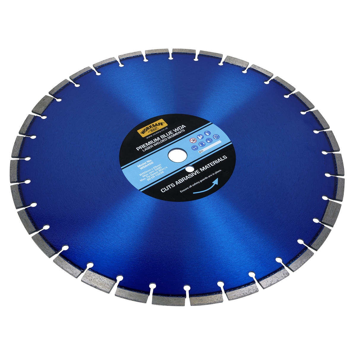 A Sealey Premium Blue WDA Diamond Blade Ø450 x 25mm - WDA450, featuring a blue circular design with silver segment tips and a central label, specifically engineered for cutting abrasive materials such as concrete blocks.