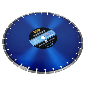 A Sealey Premium Blue WDA Diamond Blade Ø450 x 25mm - WDA450, featuring a blue circular design with silver segment tips and a central label, specifically engineered for cutting abrasive materials such as concrete blocks.