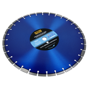 A Sealey Premium Blue WDA Diamond Blade Ø450 x 25mm - WDA450, featuring a blue circular design with silver segment tips and a central label, specifically engineered for cutting abrasive materials such as concrete blocks.