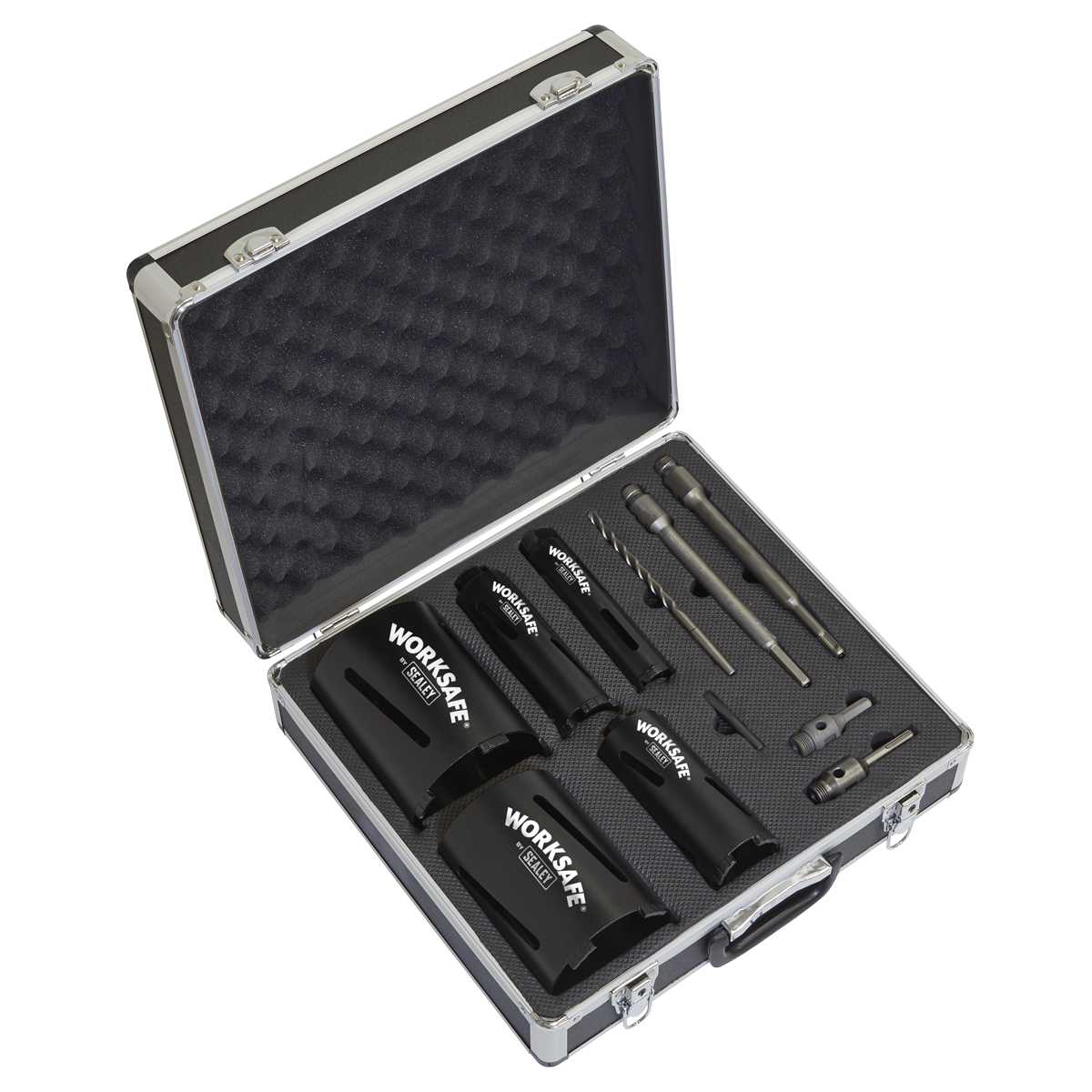 The Sealey Diamond 5 Core Kit (Ø38, 52 ,65, 117, 127mm Cores with Adaptors) - WDCKIT5 is a heavy-duty storage case that contains various drill bits, hole saws, SDS Plus adaptors, and other accessories neatly organized in foam cutouts. The items are labeled "WORKSAFE.