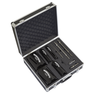 The Sealey Diamond 5 Core Kit (Ø38, 52 ,65, 117, 127mm Cores with Adaptors) - WDCKIT5 is a heavy-duty storage case that contains various drill bits, hole saws, SDS Plus adaptors, and other accessories neatly organized in foam cutouts. The items are labeled "WORKSAFE.