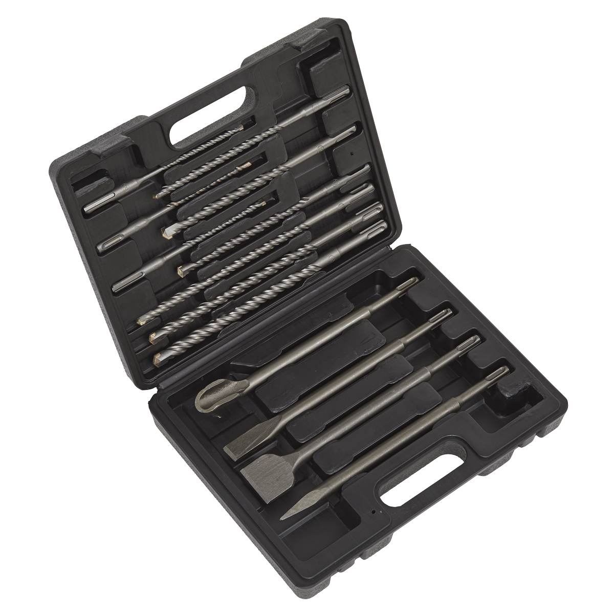 Sealey's SDS Plus Drill Bit & Chisel Set 13pc (model WDCS) comes in a sturdy storage case, with each professional quality steel bit and chisel neatly arranged in dedicated slots.