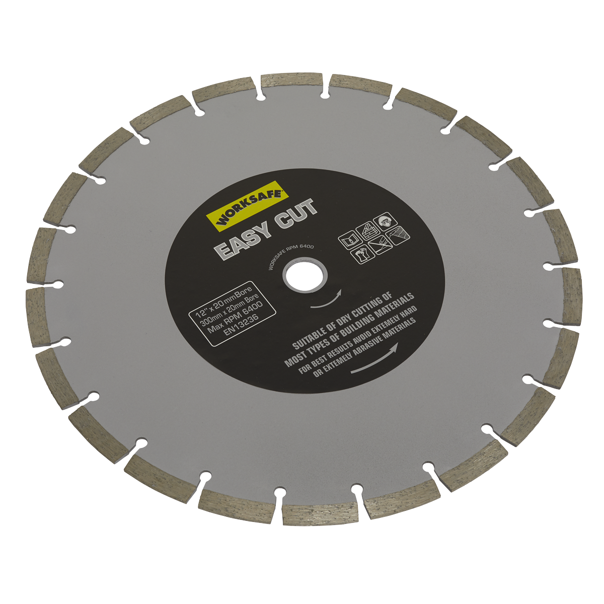 A circular saw blade labeled "Silver Easy Cut Diamond Blade Ø300 x 20mm - WDEC300/20" by Sealey, designed for cutting building materials. The label includes specifications and details its suitability for various tasks.