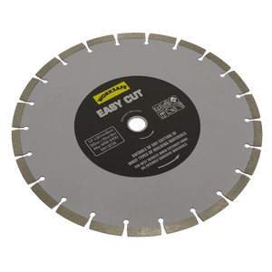 A circular saw blade labeled "Silver Easy Cut Diamond Blade Ø300 x 20mm - WDEC300/20" by Sealey, designed for cutting building materials. The label includes specifications and details its suitability for various tasks.