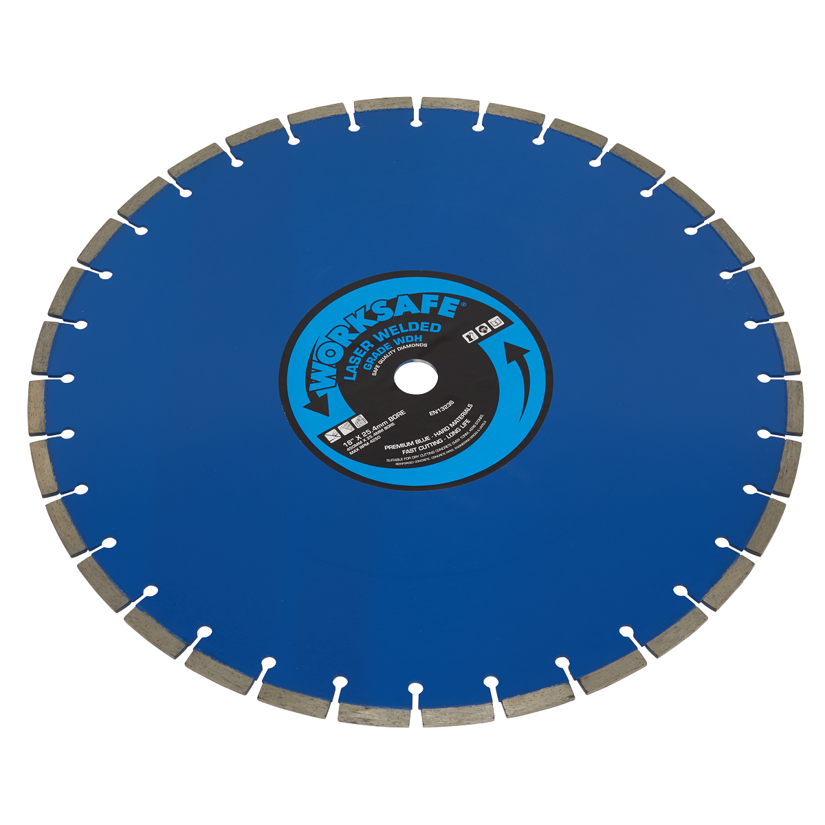 A large, circular diamond saw blade with a blue surface and segmented edge features the center label reading "WorkSafe Welded," indicating its safety-focused design. This premium cutting tool is known as the Sealey Premium Blue WDH Diamond Blade Ø450 x 25mm - WDH450, ideal for cutting hard materials like concrete and engineering bricks.