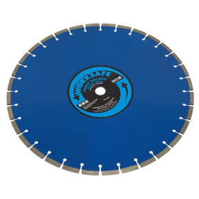 A large, circular diamond saw blade with a blue surface and segmented edge features the center label reading "WorkSafe Welded," indicating its safety-focused design. This premium cutting tool is known as the Sealey Premium Blue WDH Diamond Blade Ø450 x 25mm - WDH450, ideal for cutting hard materials like concrete and engineering bricks.