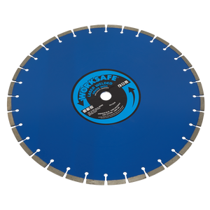 A large, circular diamond saw blade with a blue surface and segmented edge features the center label reading "WorkSafe Welded," indicating its safety-focused design. This premium cutting tool is known as the Sealey Premium Blue WDH Diamond Blade Ø450 x 25mm - WDH450, ideal for cutting hard materials like concrete and engineering bricks.