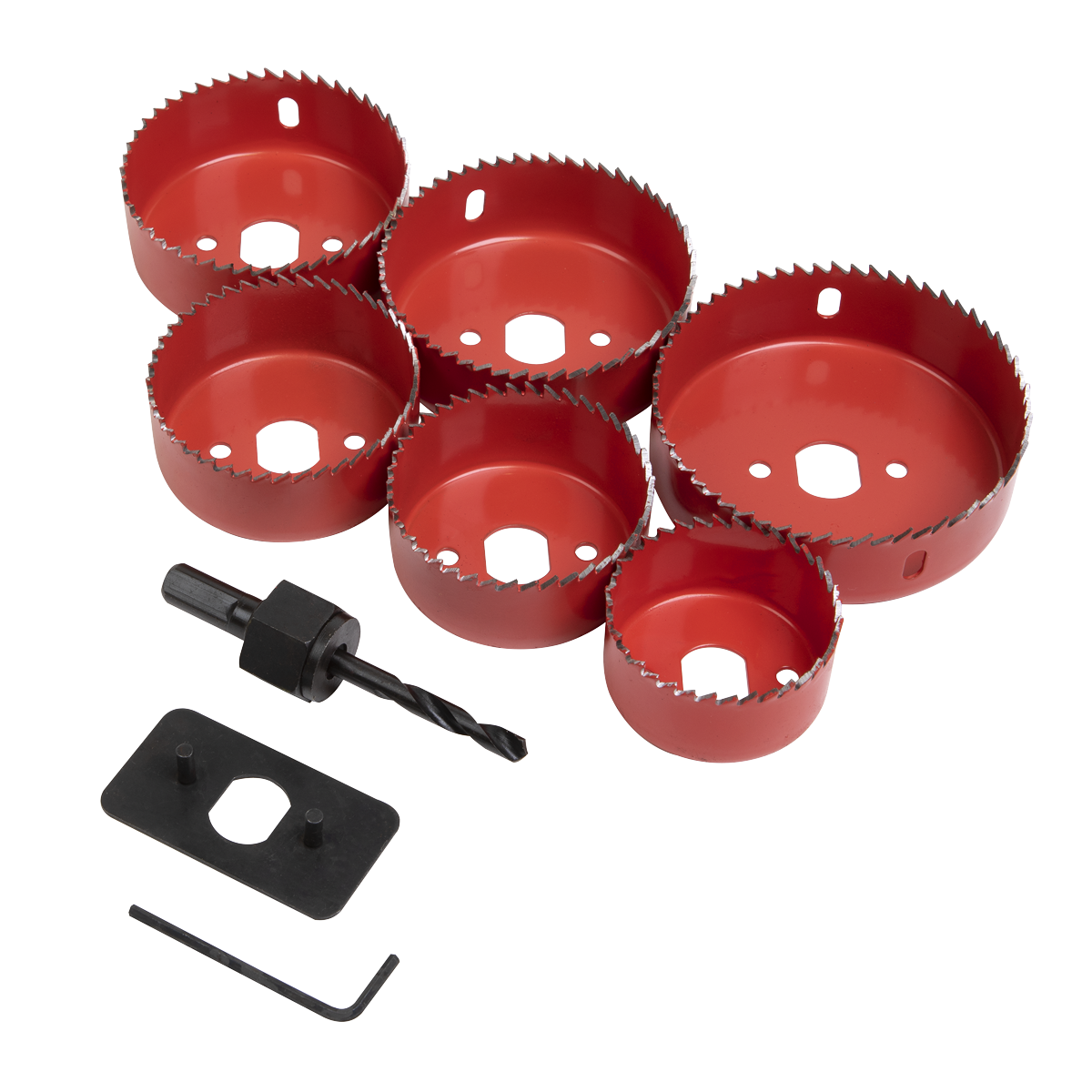 The Downlight Hole Saw Kit 9pc - WDLK by Sealey includes six red hole saws of varying sizes, an arbor with a pilot drive, a black hex key, and a black tool plate, all arranged on a white background—ideal for cutting out spaces for downlights.