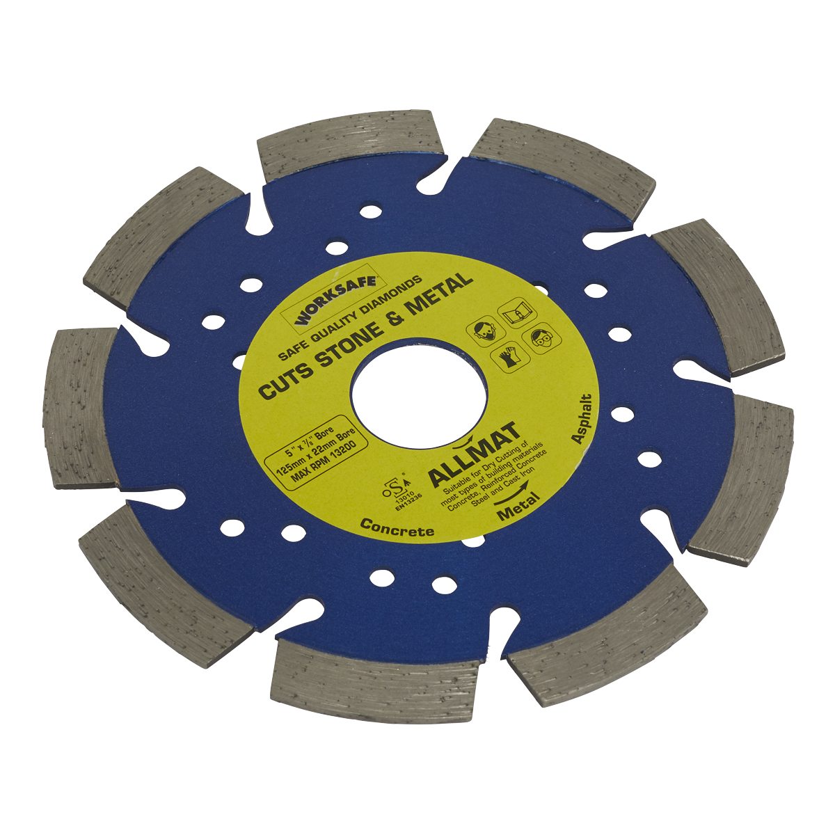 Introducing the Sealey Platinum Allmat Diamond Blade Ø125 x Ø22mm - WDPA125: a versatile blue and gray circular saw blade with a yellow center label, featuring laser-welded segments perfect for cutting through stone, reinforced concrete, and metal.