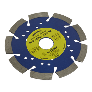 Introducing the Sealey Platinum Allmat Diamond Blade Ø125 x Ø22mm - WDPA125: a versatile blue and gray circular saw blade with a yellow center label, featuring laser-welded segments perfect for cutting through stone, reinforced concrete, and metal.