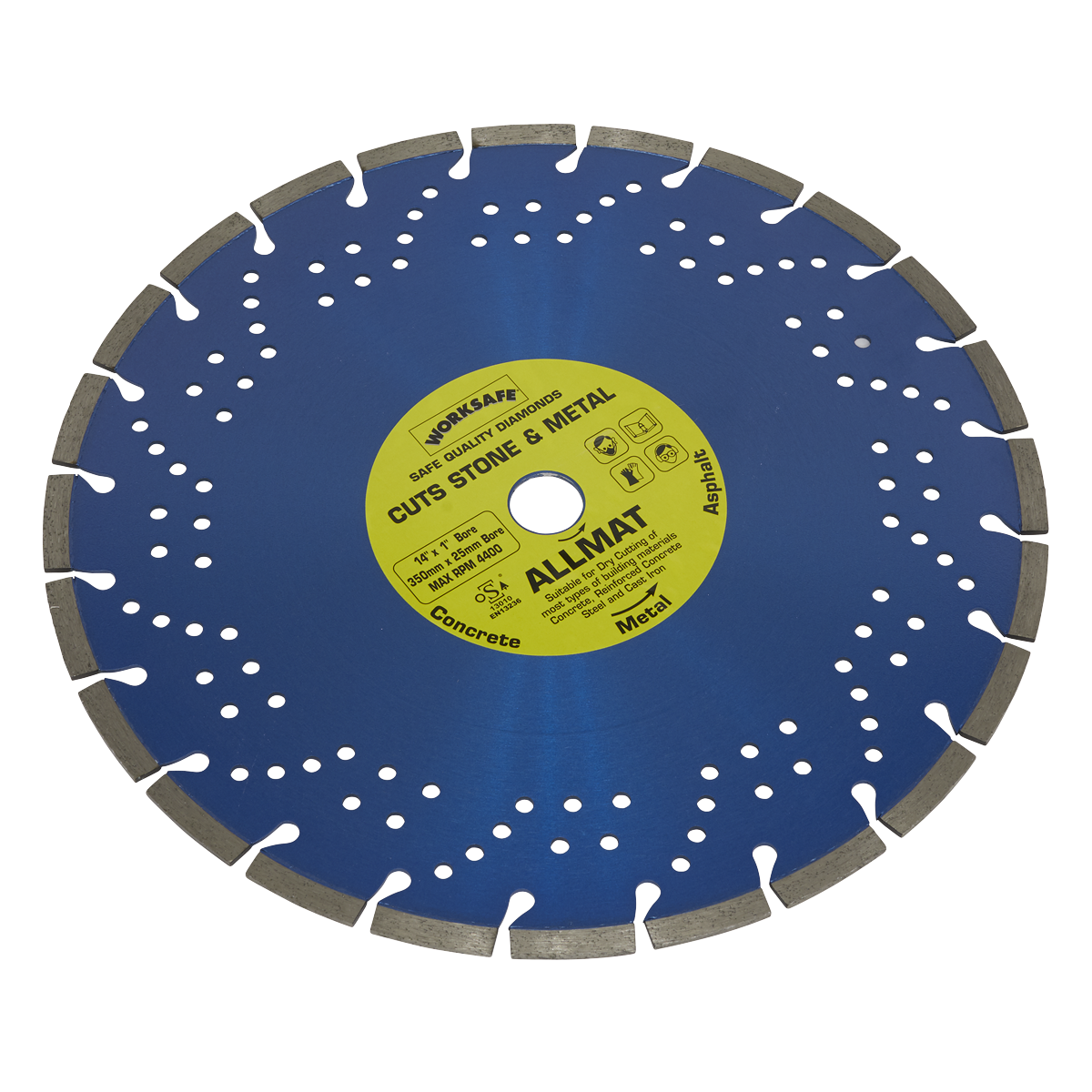 A blue circular saw blade featuring silver teeth and a yellow label, designed to cut stone and metal, with applications listed for concrete, reinforced concrete, metal, and asphalt. Product details: Platinum Allmat Diamond Blade Ø350 x 25mm - WDPA350/25 by Sealey.