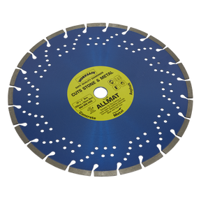 A blue circular saw blade featuring silver teeth and a yellow label, designed to cut stone and metal, with applications listed for concrete, reinforced concrete, metal, and asphalt. Product details: Platinum Allmat Diamond Blade Ø350 x 25mm - WDPA350/25 by Sealey.