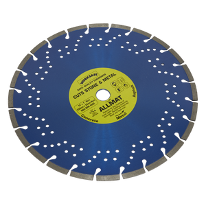 A blue circular saw blade featuring silver teeth and a yellow label, designed to cut stone and metal, with applications listed for concrete, reinforced concrete, metal, and asphalt. Product details: Platinum Allmat Diamond Blade Ø350 x 25mm - WDPA350/25 by Sealey.