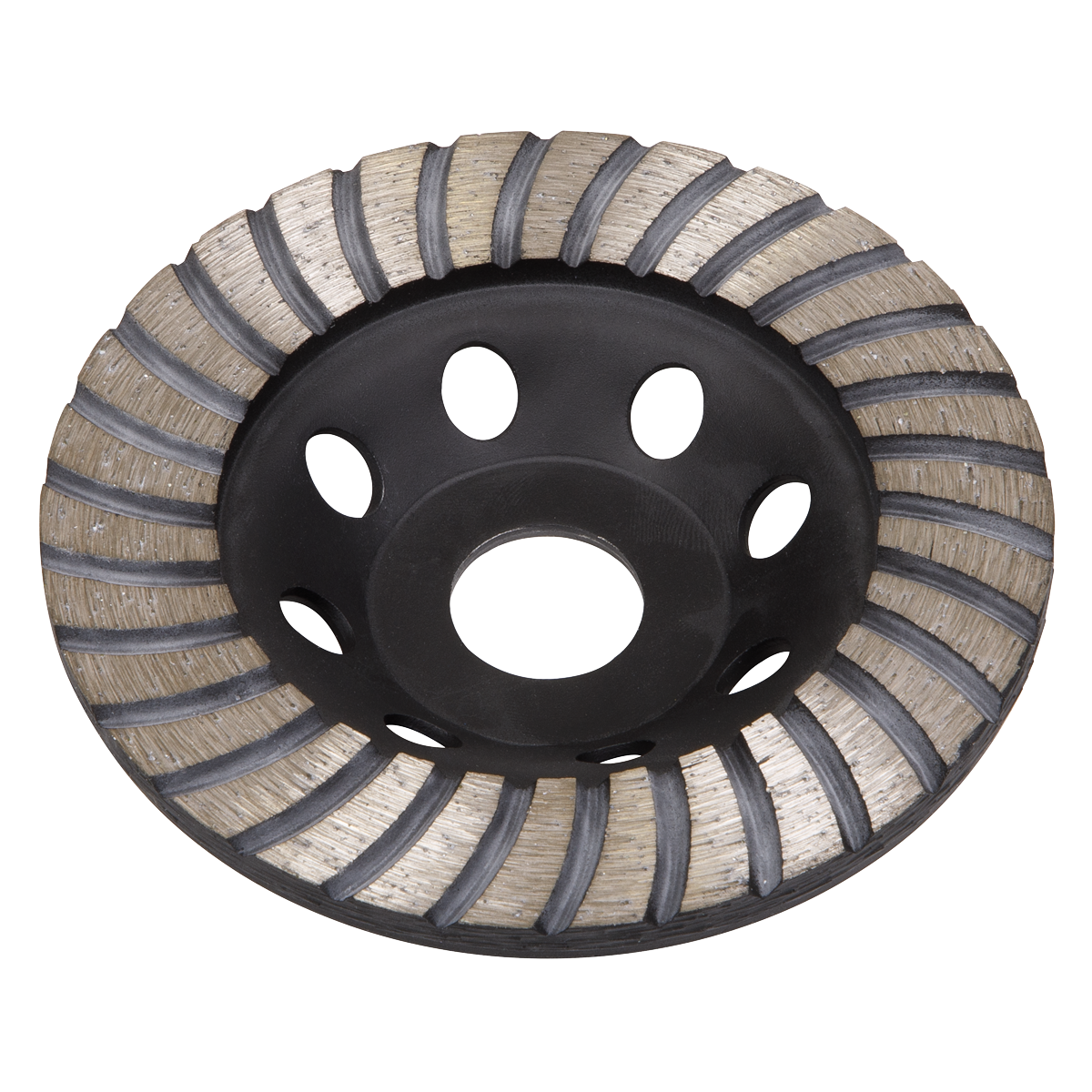 A Sealey Concrete Grinding Head Turbo Row Ø115mm - WDRTCUP115 in black, featuring segmented diamond grinding wheel with turbo row segments and circular cutouts, accented with silver, ideal for grinding and shaping stone or concrete.