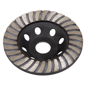 A Sealey Concrete Grinding Head Turbo Row Ø115mm - WDRTCUP115 in black, featuring segmented diamond grinding wheel with turbo row segments and circular cutouts, accented with silver, ideal for grinding and shaping stone or concrete.