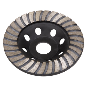 A Sealey Concrete Grinding Head Turbo Row Ø115mm - WDRTCUP115 in black, featuring segmented diamond grinding wheel with turbo row segments and circular cutouts, accented with silver, ideal for grinding and shaping stone or concrete.