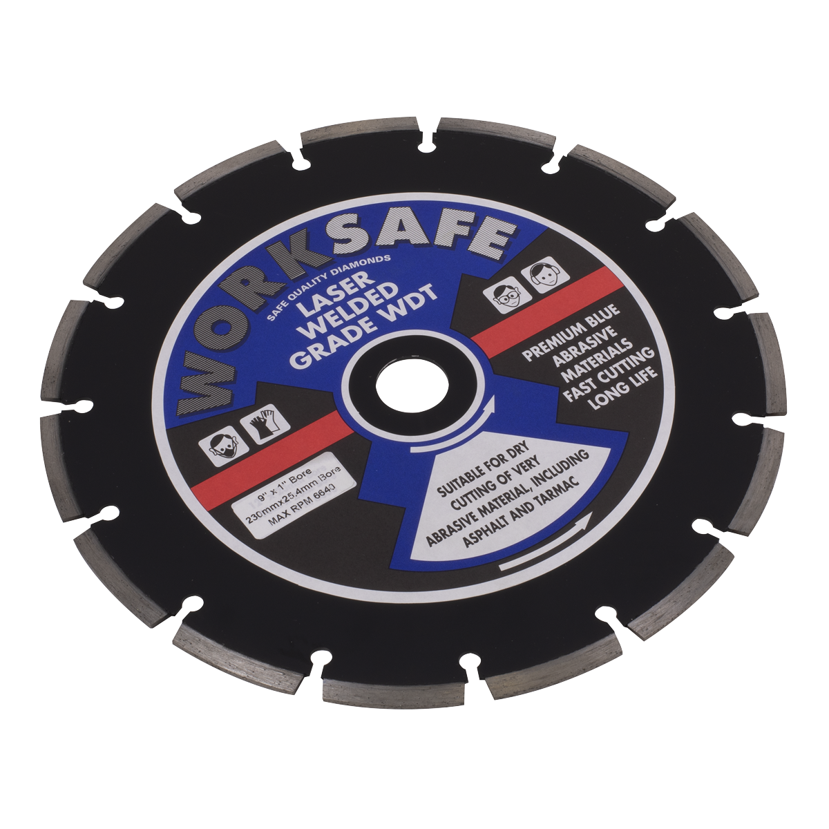 A Sealey "WORKSAFE" Asphalt/Tarmac Diamond Blade Ø230 x Ø22mm (WDT230), featuring diamond segments, suitable for dry-cutting various abrasive materials, and boasting a laser-welded grade WDT construction.