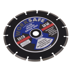 A Sealey "WORKSAFE" Asphalt/Tarmac Diamond Blade Ø230 x Ø22mm (WDT230), featuring diamond segments, suitable for dry-cutting various abrasive materials, and boasting a laser-welded grade WDT construction.