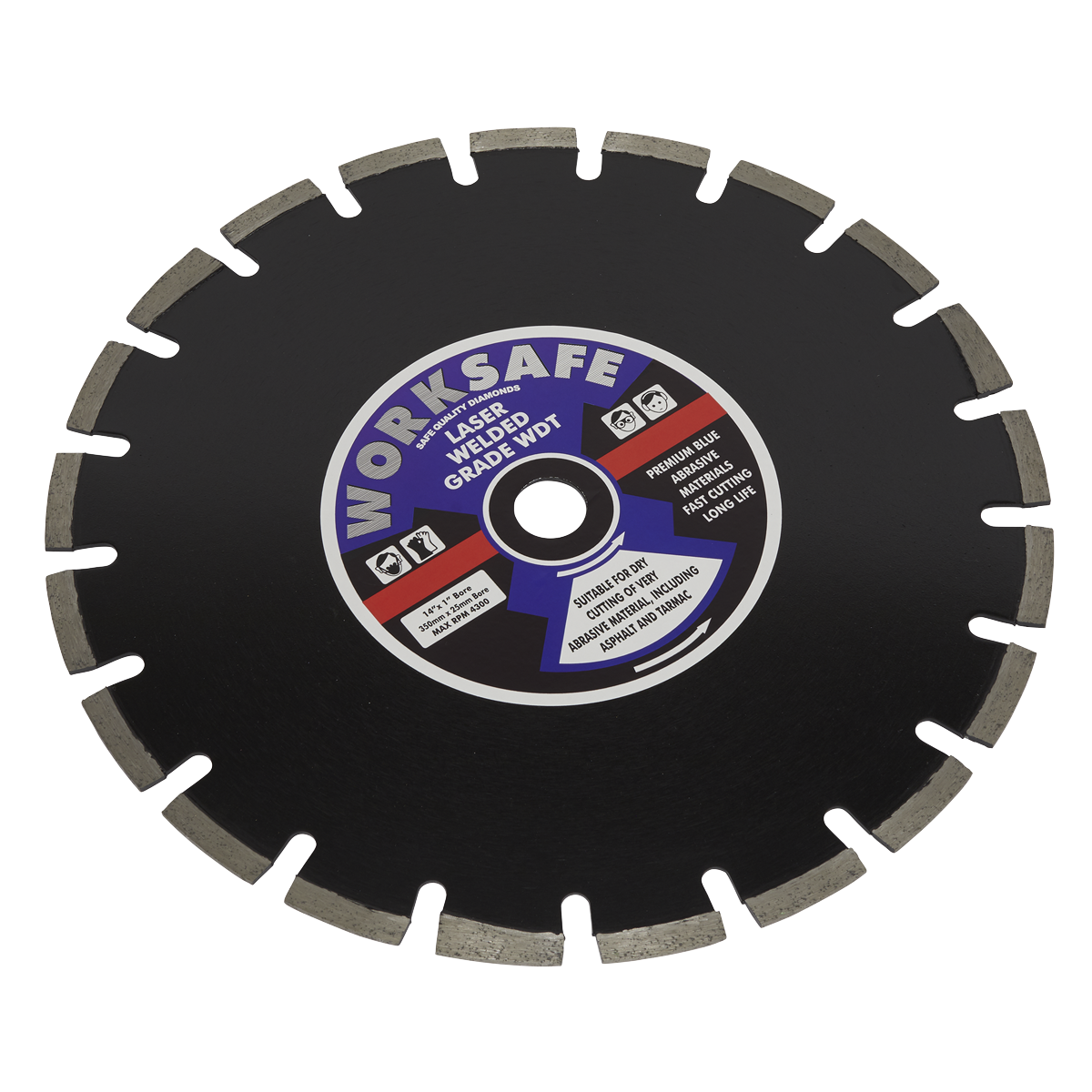 The Sealey Asphalt/Tarmac Diamond Blade Ø350 x 25mm (WDT350) features 12 diamond segments separated by gaps and a center hole for mounting, designed for dry-cutting abrasive materials.