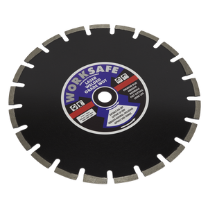 The Sealey Asphalt/Tarmac Diamond Blade Ø350 x 25mm (WDT350) features 12 diamond segments separated by gaps and a center hole for mounting, designed for dry-cutting abrasive materials.