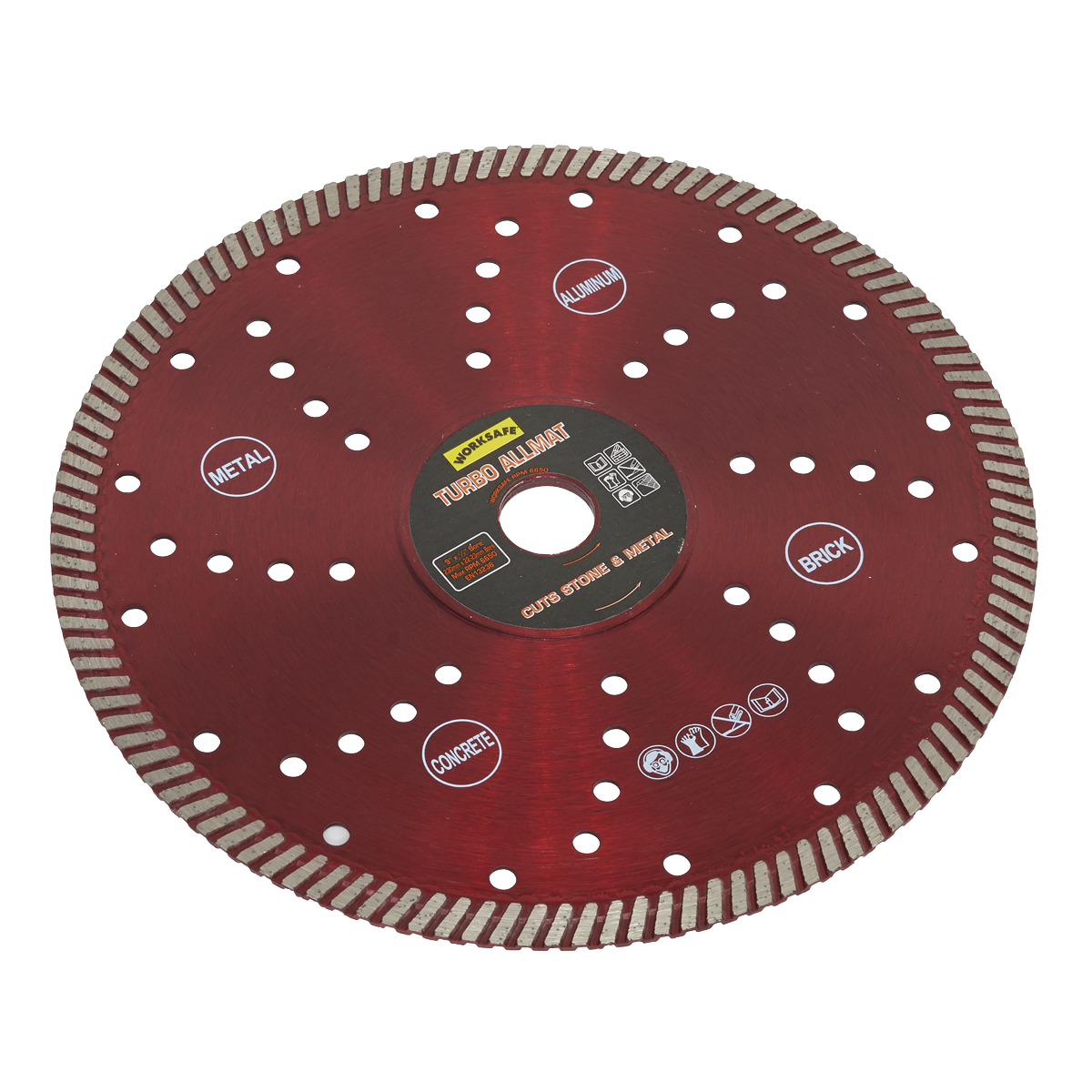 The Turbo Allmat Diamond Blade Ø230 x Ø22mm - WDTA230, labeled under the Sealey brand, is a red blade designed for cutting materials like metal, aluminum, brick, stone, concrete, and reinforced concrete. It features numerous holes and serrated edges to ensure efficient cutting.