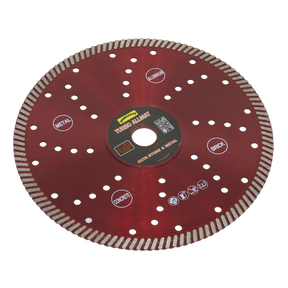 The Turbo Allmat Diamond Blade Ø230 x Ø22mm - WDTA230, labeled under the Sealey brand, is a red blade designed for cutting materials like metal, aluminum, brick, stone, concrete, and reinforced concrete. It features numerous holes and serrated edges to ensure efficient cutting.