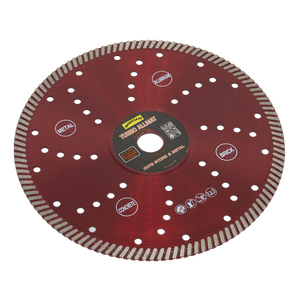 The Turbo Allmat Diamond Blade Ø230 x Ø22mm - WDTA230, labeled under the Sealey brand, is a red blade designed for cutting materials like metal, aluminum, brick, stone, concrete, and reinforced concrete. It features numerous holes and serrated edges to ensure efficient cutting.