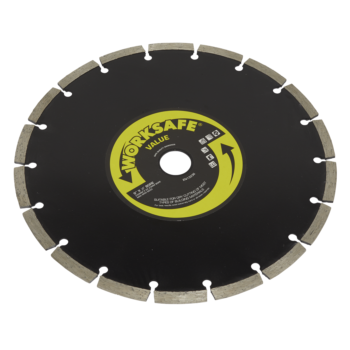 A circular diamond-tipped cutting saw blade labeled in black and yellow as a "Sealey Value Diamond Blade Ø230 x Ø22mm - WDV230," ideal for dry-cutting building materials.