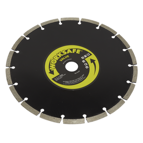 A circular diamond-tipped cutting saw blade labeled in black and yellow as a "Sealey Value Diamond Blade Ø230 x Ø22mm - WDV230," ideal for dry-cutting building materials.