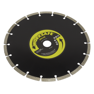 A circular diamond-tipped cutting saw blade labeled in black and yellow as a "Sealey Value Diamond Blade Ø230 x Ø22mm - WDV230," ideal for dry-cutting building materials.