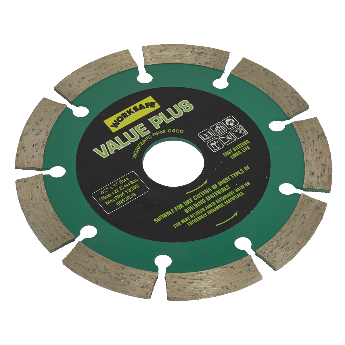 Sealey's Value Plus Diamond Blade Ø115 x 22mm - WDVP115 is a green and black segmented circular saw blade with specifications and usage instructions printed on the center, specifically designed for cutting hard materials like brick and stone.