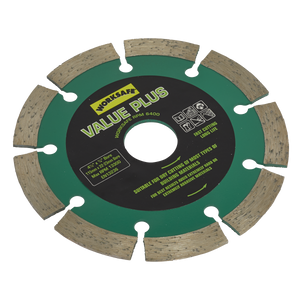 Sealey's Value Plus Diamond Blade Ø115 x 22mm - WDVP115 is a green and black segmented circular saw blade with specifications and usage instructions printed on the center, specifically designed for cutting hard materials like brick and stone.