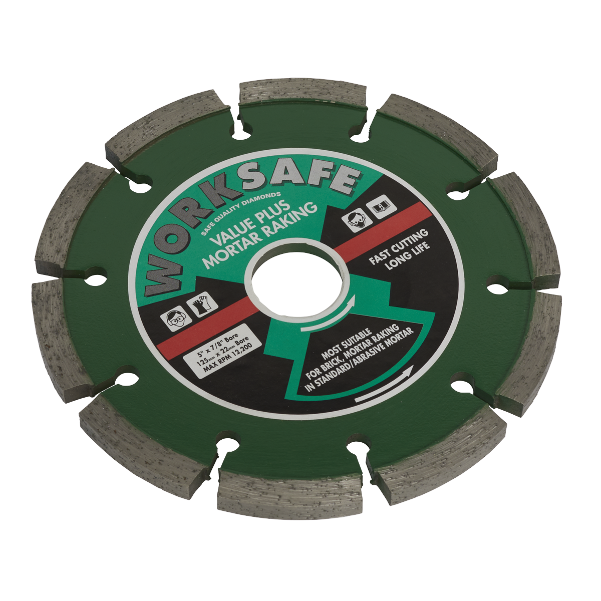 The Sealey Value Plus Diamond Blade Ø125 x 22mm (WDVP125) in green and silver is labeled "WORKSAFE VALUE PLUS MORTAR RAKING" and is engineered for fast mortar removal on wear-resistant materials such as stone and brick, offering exceptional cutting speed and extended durability.