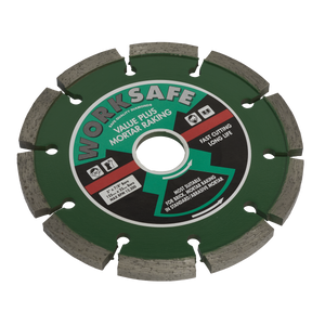 The Sealey Value Plus Diamond Blade Ø125 x 22mm (WDVP125) in green and silver is labeled "WORKSAFE VALUE PLUS MORTAR RAKING" and is engineered for fast mortar removal on wear-resistant materials such as stone and brick, offering exceptional cutting speed and extended durability.