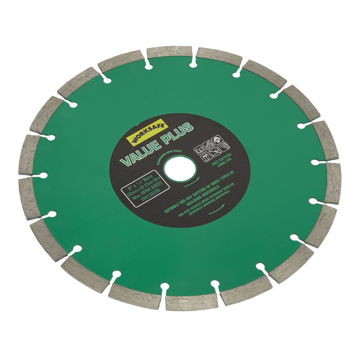 A green Sealey Value Plus Diamond Blade Ø230 x 22mm (WDVP230) with silver edges and a central black label detailing specifications. Designed as a premium concrete blade, it features several evenly spaced segments and cut-out slots around its circumference for efficient cutting of hard materials.