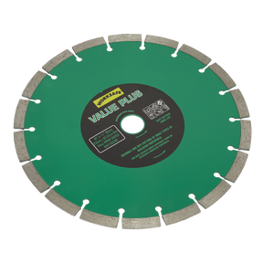 A green Sealey Value Plus Diamond Blade Ø230 x 22mm (WDVP230) with silver edges and a central black label detailing specifications. Designed as a premium concrete blade, it features several evenly spaced segments and cut-out slots around its circumference for efficient cutting of hard materials.