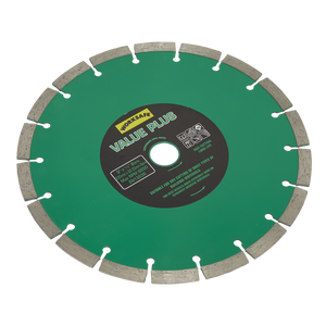 A green Sealey Value Plus Diamond Blade Ø230 x 22mm (WDVP230) with silver edges and a central black label detailing specifications. Designed as a premium concrete blade, it features several evenly spaced segments and cut-out slots around its circumference for efficient cutting of hard materials.