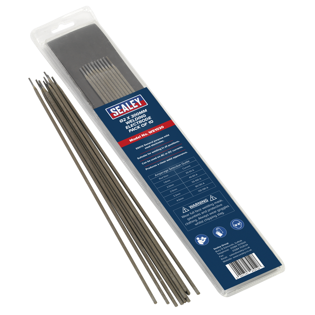 Image of a package of Sealey Welding Electrode Ø2 x 300mm Pack of 10 - WE1020. The package includes specifications such as material, diameter, and instructions for use with mild steel electrodes, with several welding in all positions electrodes displayed out of the pack.