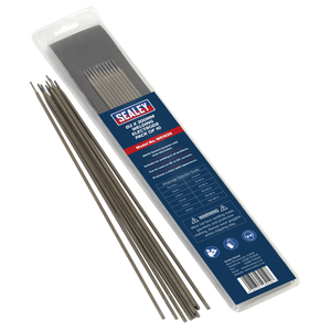 Image of a package of Sealey Welding Electrode Ø2 x 300mm Pack of 10 - WE1020. The package includes specifications such as material, diameter, and instructions for use with mild steel electrodes, with several welding in all positions electrodes displayed out of the pack.