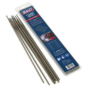 A pack of Sealey Welding Electrodes Ø3.2 x 350mm (WE1032) displayed with ten individual rods beside it. The packaging includes safety icons, product specifications, and a warning label for the E6013 electrodes suitable for mild steel welding.