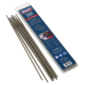 A pack of Sealey Welding Electrodes Ø3.2 x 350mm (WE1032) displayed with ten individual rods beside it. The packaging includes safety icons, product specifications, and a warning label for the E6013 electrodes suitable for mild steel welding.