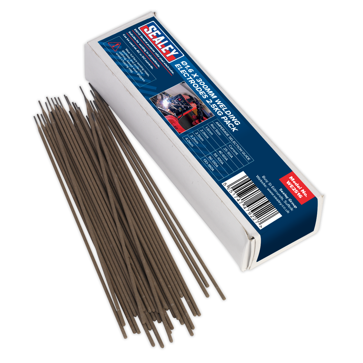 A pack of Sealey Welding Electrodes Ø1.6 x 300mm 2.5kg - WE2516 is shown, with the box opened to display the general-purpose electrodes spilling out.