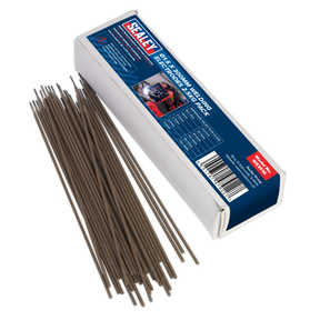A pack of Sealey Welding Electrodes Ø1.6 x 300mm 2.5kg - WE2516 is shown, with the box opened to display the general-purpose electrodes spilling out.