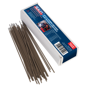 A pack of Sealey Welding Electrodes Ø1.6 x 300mm 2.5kg - WE2516 is shown, with the box opened to display the general-purpose electrodes spilling out.